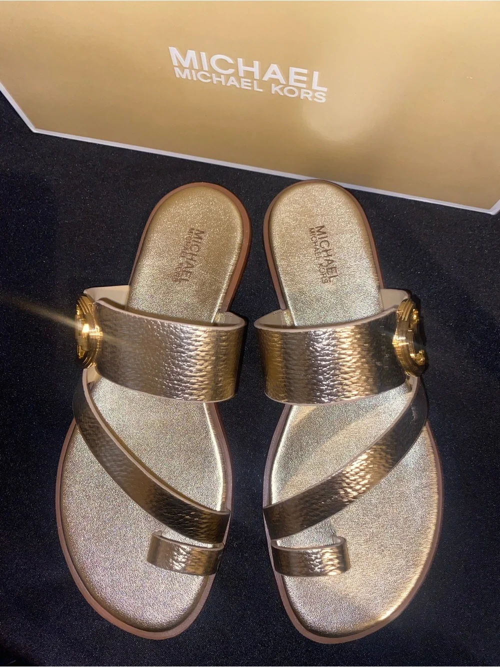 Michael Kors Gold Leather Slide Sandals with MK Logo